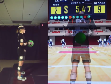 An instrumented subject playing dodgeball in a virtual environment